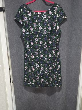Sam Edelman Black Sequin Floral Mini Dress with Purple & Green Accents
